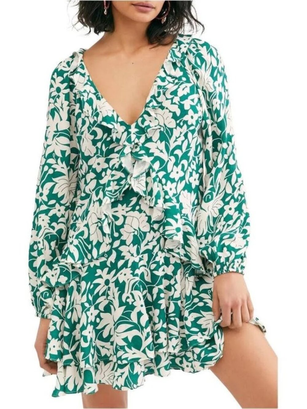 Free People Women's Rebecca Floral Mini Casual Ruffle Green Dress-Medium